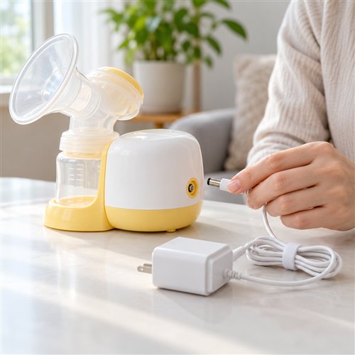 Máy hút sữa điện và dây nguồn đã ngắt kết nối, bàn tay kiểm tra đầu cắm bên ngoài trên bàn sáng