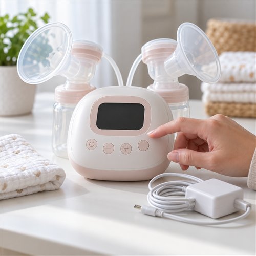 Máy hút sữa điện trên bàn sáng với màn hình tối, bàn tay ở gần cụm nút điều khiển bên ngoài