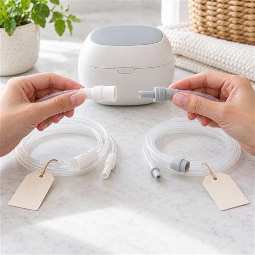 Người dùng so sánh hai đầu nối và bộ ống đặt cạnh máy hút sữa trên bàn sáng