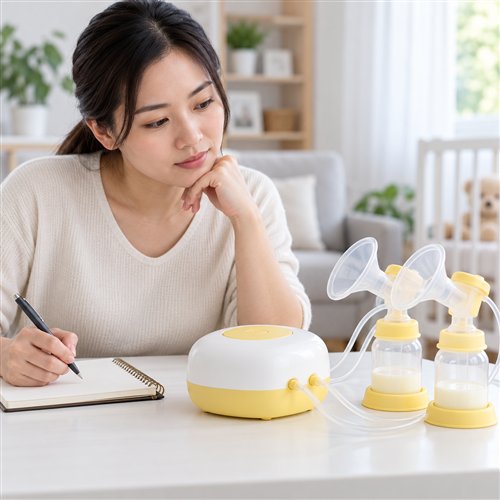 Máy hút sữa điện đặt trên bàn sáng, người dùng quan sát thiết bị và ghi chú dấu hiệu