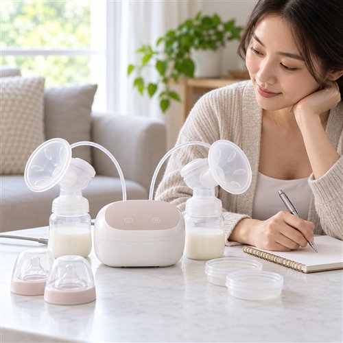 Máy hút sữa điện trên bàn với dây nguồn bên cạnh, người dùng ghi chú dấu hiệu và quan sát bảng điều khiển