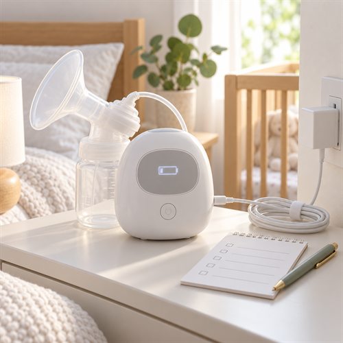 Máy hút sữa tắt phiên đang kết nối adapter ngoài với biểu tượng pin trên màn hình và sổ ghi chú bên cạnh