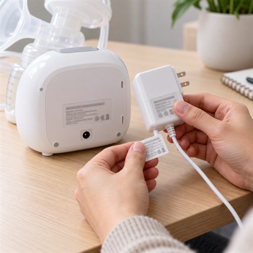 Người dùng đối chiếu adapter nguồn và nhãn của máy hút sữa Medela khi thiết bị đã ngắt điện