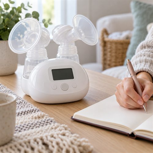 Máy hút sữa có màn hình tối đặt cạnh sổ trống để ghi nhận dấu hiệu trước khi liên hệ hỗ trợ
