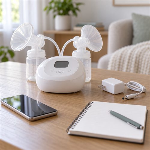 Máy hút sữa đã tắt với adapter và dây nguồn được rút rời, điện thoại và sổ ghi chú đặt gần đó