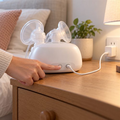 Người dùng nhấn nút trên máy hút sữa đang kết nối với nguồn điện ngoài trong không gian gia đình