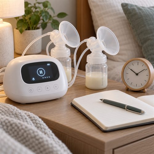 Máy hút sữa với màn hình đang hiển thị biểu tượng tạm dừng, đồng hồ và sổ ghi lại thời điểm phiên hút dừng