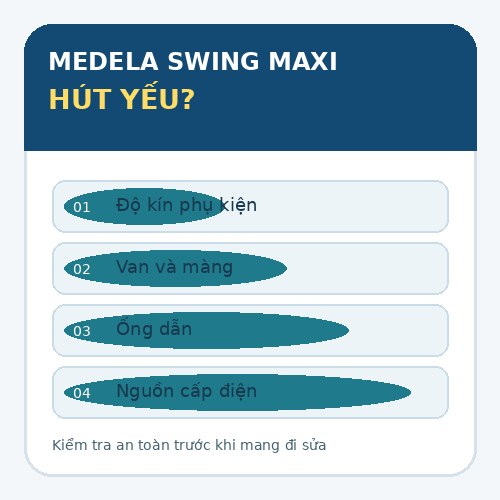 Infographic kiểm tra các nguyên nhân Medela Swing Maxi hút yếu: phụ kiện, van và màng, ống dẫn, nguồn cấp điện