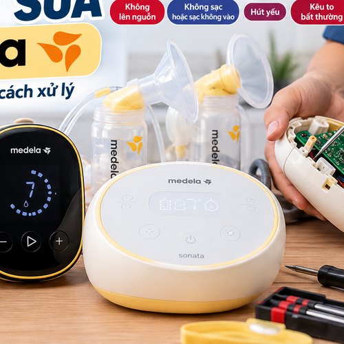 Máy hút sữa Medela và các phụ kiện được đặt trên bàn kỹ thuật để minh họa việc kiểm tra, sửa chữa thiết bị