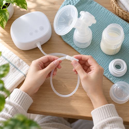 Hai bàn tay kiểm tra ống nối cạnh một máy hút sữa điện màu trắng và các phụ kiện được đặt trên bàn sáng