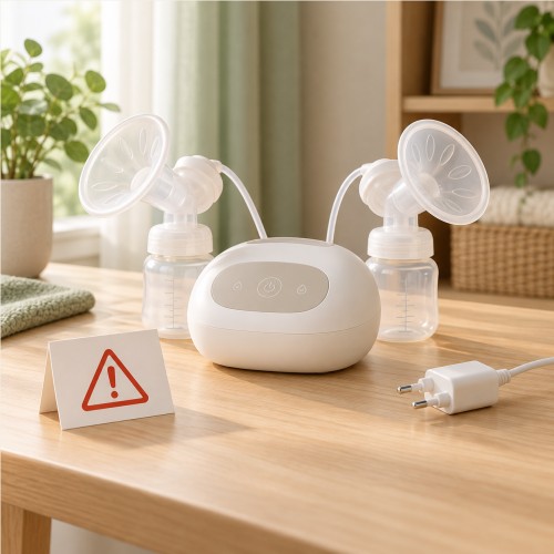 Minh họa máy hút sữa điện trên mặt bàn khô với phích nguồn đã rút và biểu tượng cảnh báo
