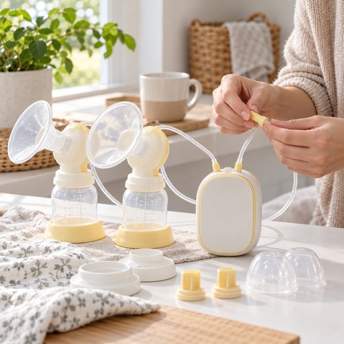 Máy hút sữa điện và bộ phụ kiện được sắp xếp trên mặt bàn sáng, bàn tay đang kiểm tra đầu nối