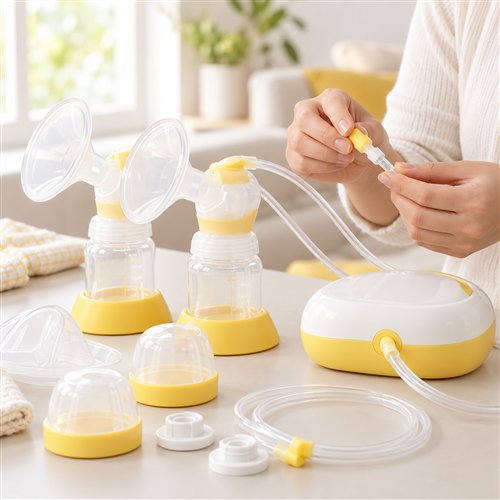 Thiết bị hút sữa điện và các phụ kiện được sắp xếp trên bàn, bàn tay kiểm tra đầu nối bên ngoài