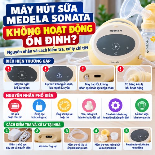 Infographic hướng dẫn kiểm tra máy hút sữa Medela Sonata hoạt động không ổn định, minh họa thiết bị, phụ kiện và các bước xử lý an toàn