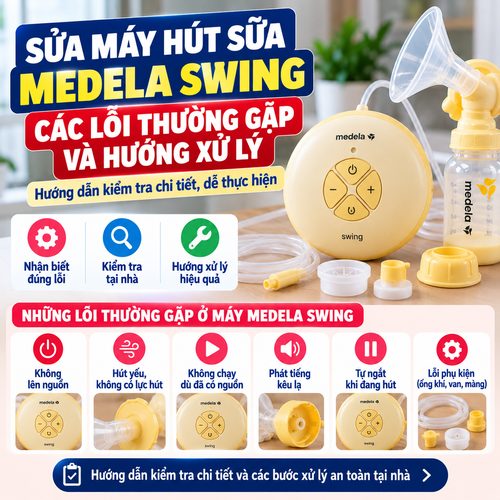 Máy hút sữa Medela Swing cùng bình hút và phụ kiện, minh họa hướng dẫn kiểm tra các lỗi thường gặp