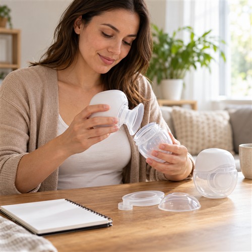 Người dùng kiểm tra các bộ phận rời của máy hút sữa wearable trên mặt bàn khô, sáng trong không gian gia đình
